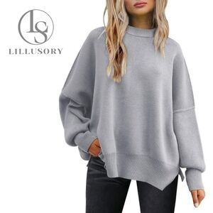 NEW LILLUSORY Women’s Crewneck Oversized Ribbed Knit Side Slit Batwing Sweater M
